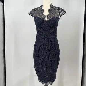 Theia Lace Midi V Neck Dress